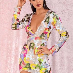 LOVE&LEMONADE Sequin Letter Mesh Overlay Dress